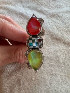 Handcrafted Multi-Stone Sterling Ring with Red and Yellow Cabochons